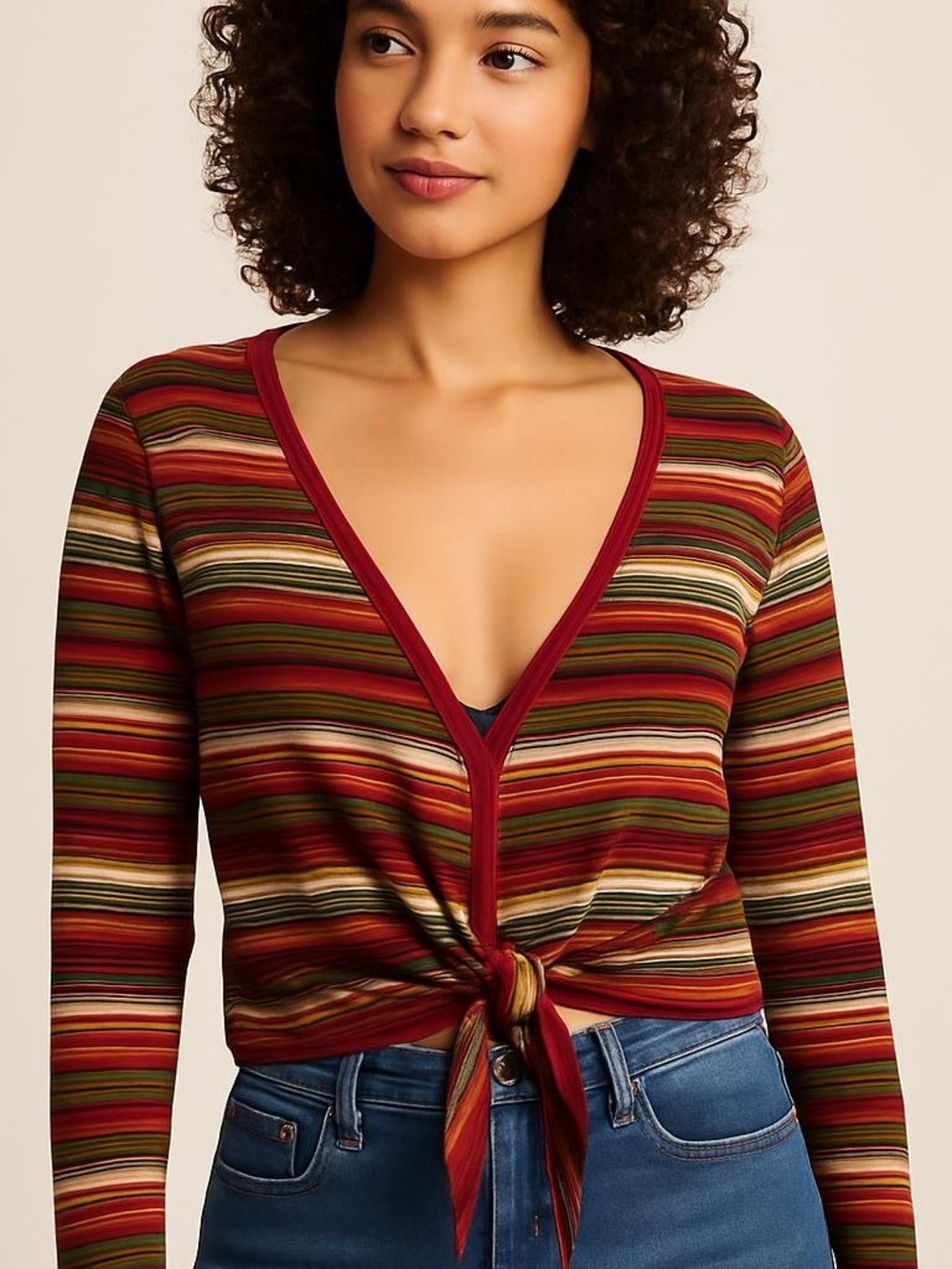 Talbots Striped Tie-Front Cardigan in Red, Olive & Cream Vintage Size L